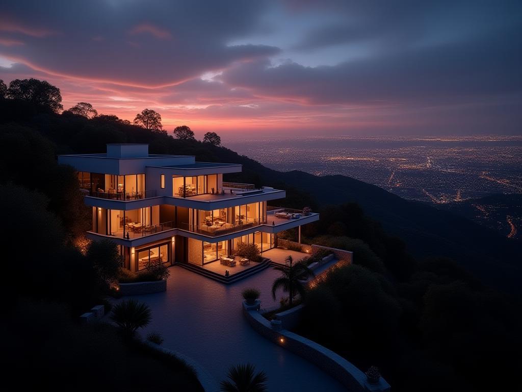 Twilight view of Sunset Crest Villa overlooking downtown Los Angeles